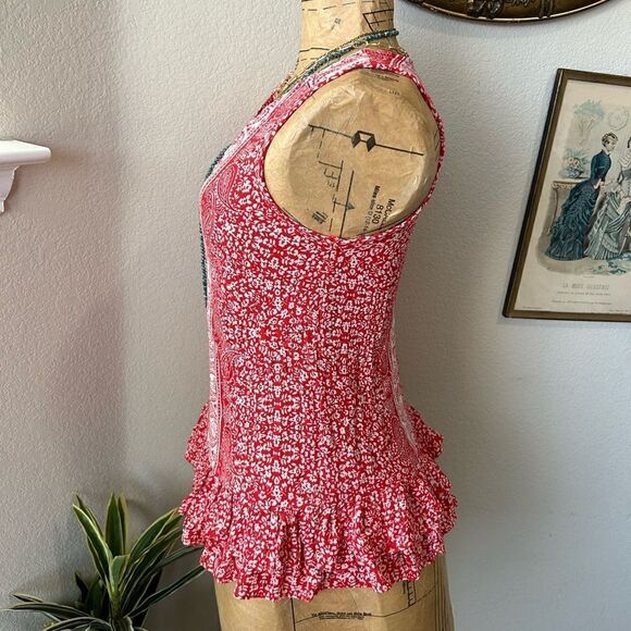 Ava Christine Red White Paisley Floral Ruffle Hem Sleeveless Blouse sz XS - Picture 4 of 9